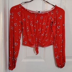 Off The Shoulder Red Floral Crop Top